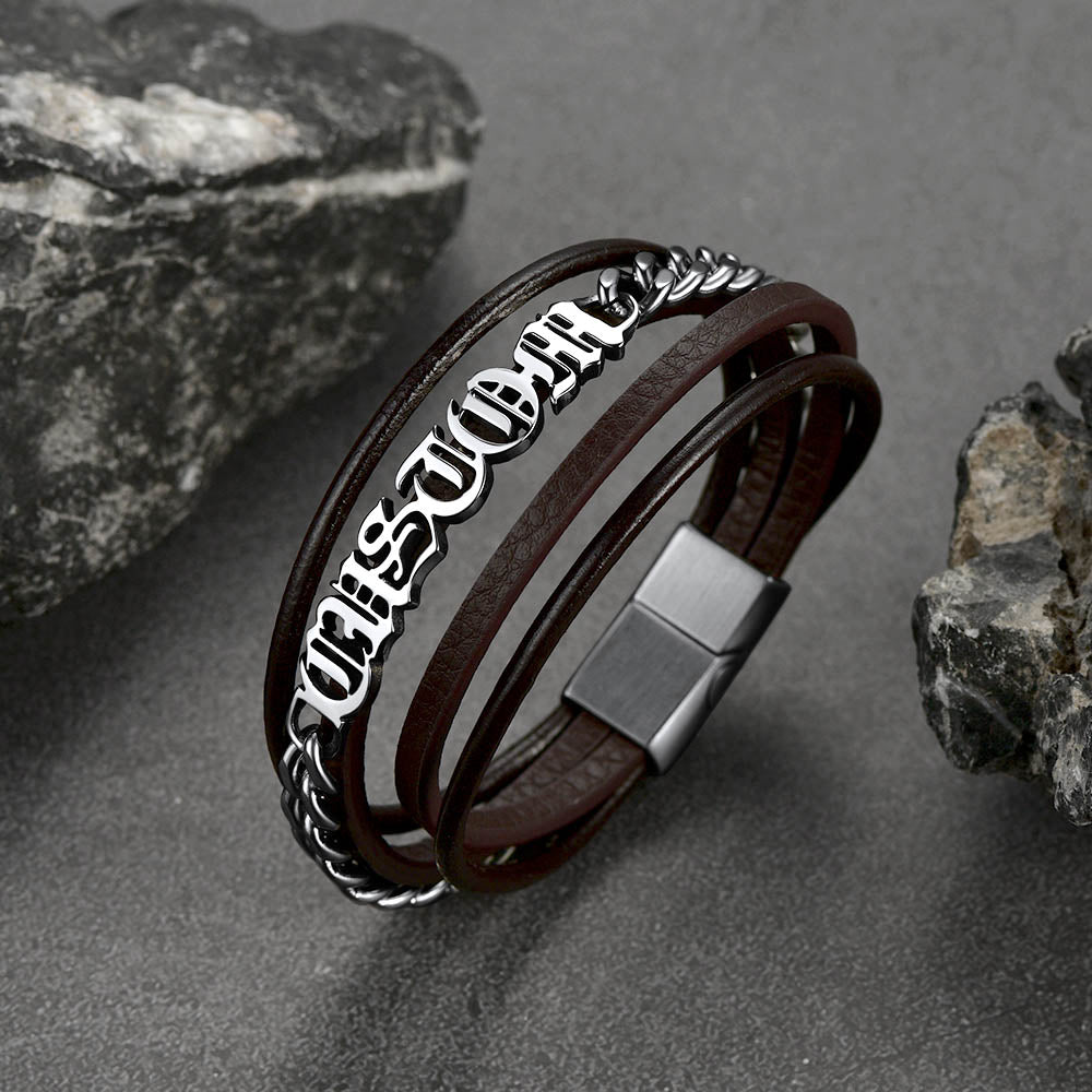Customized Names Layer Braided Leather Bracelet for Father