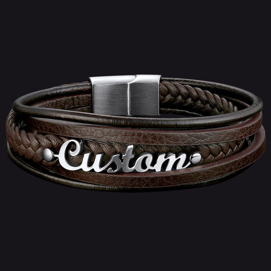 Custom Clasp Braided Leather Wristband Bracelet for Son Dad