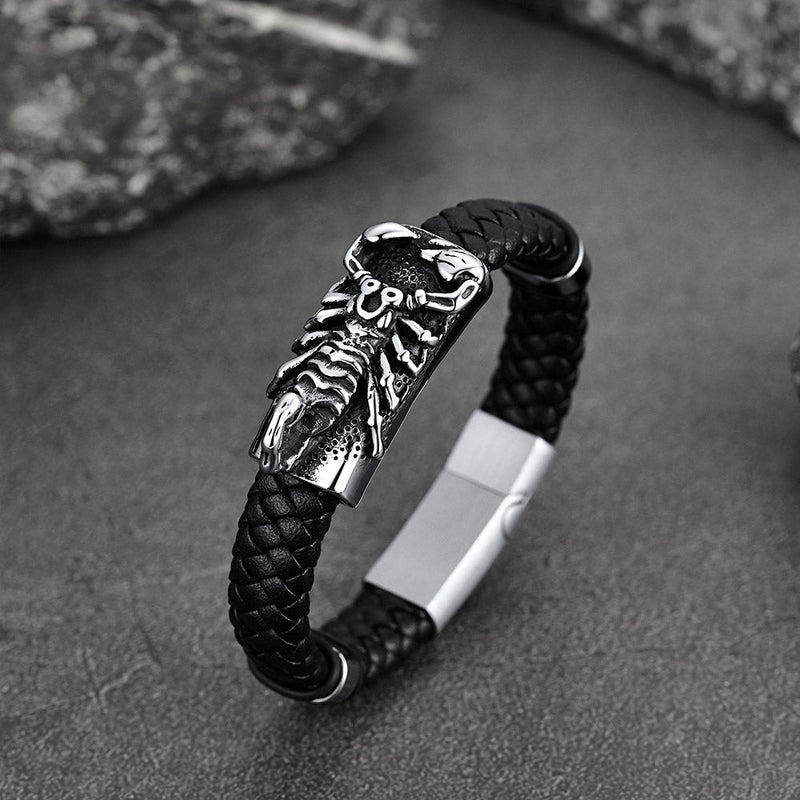 Punk Scorpion Black Braided Leather Bracelet Bangle Gift for Son Grandson