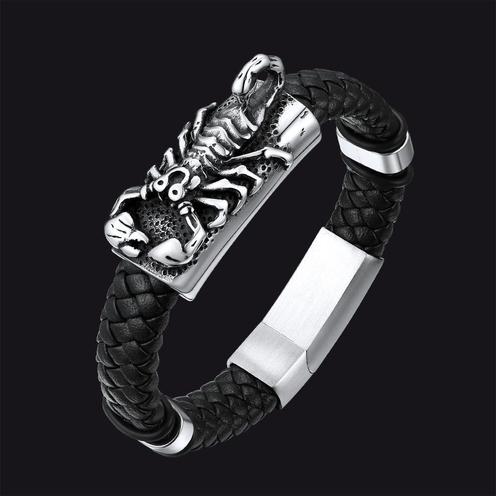 Punk Scorpion Black Braided Leather Bracelet Bangle Gift for Son Grandson