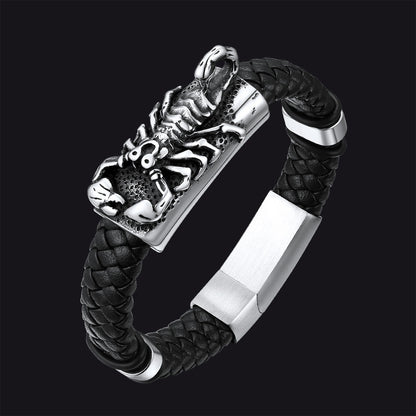 Punk Scorpion Black Braided Leather Bracelet Bangle Gift for Son Grandson