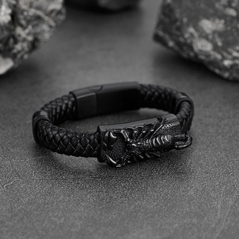 Punk Scorpion Black Braided Leather Bracelet Bangle Gift for Son Grandson
