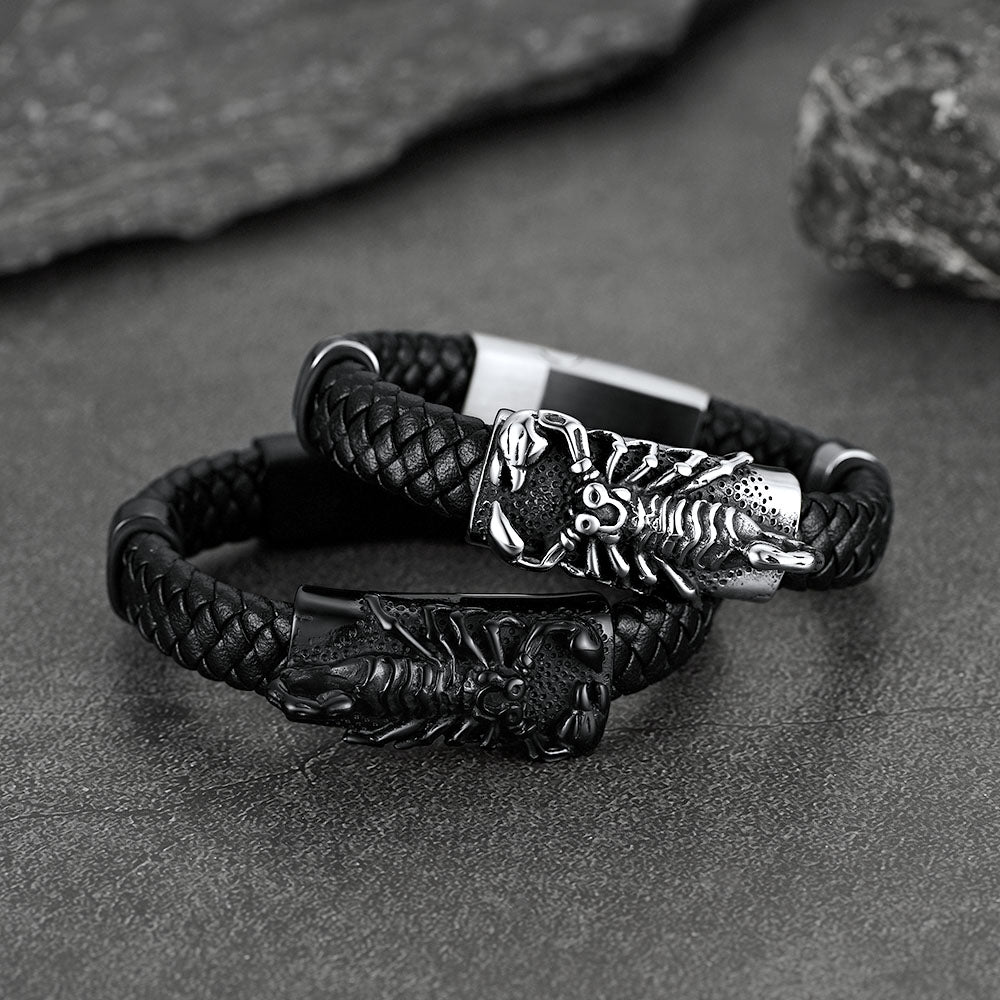 Punk Scorpion Black Braided Leather Bracelet Bangle Gift for Son Grandson