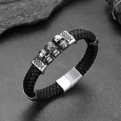 Gothic 3 Skull Braided Leather Bracelet Gift for Father Son Grandson