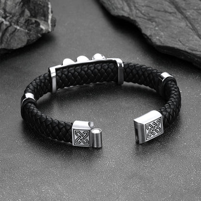 Gothic 3 Skull Braided Leather Bracelet Gift for Father Son Grandson