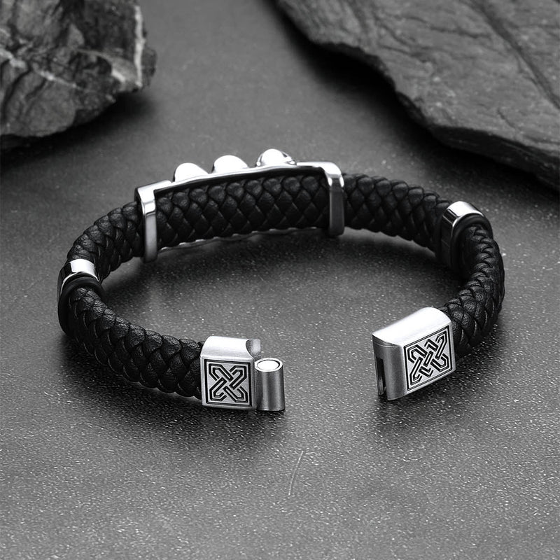 Gothic 3 Skull Braided Leather Bracelet Gift for Father Son Grandson