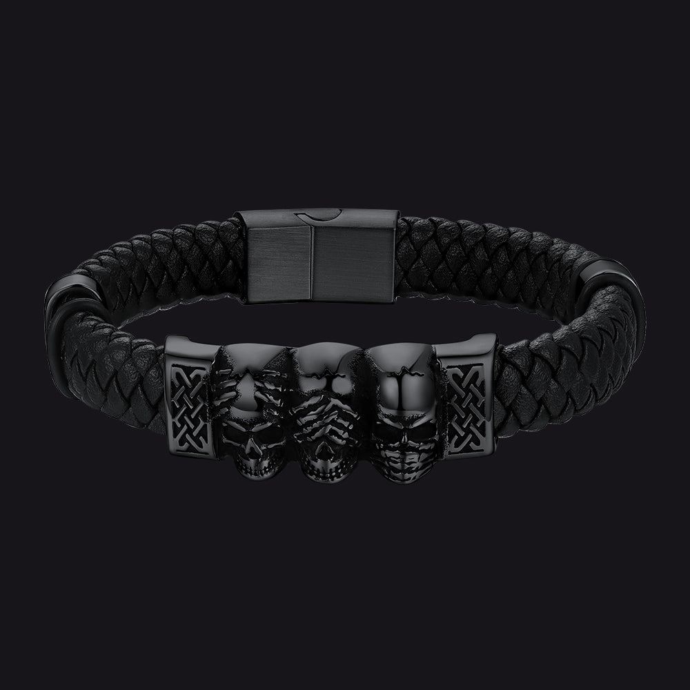 Gothic 3 Skull Braided Leather Bracelet Gift for Father Son Grandson