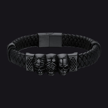 Gothic 3 Skull Braided Leather Bracelet Gift for Father Son Grandson