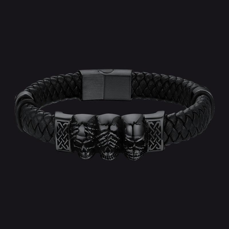 Gothic 3 Skull Braided Leather Bracelet Gift for Father Son Grandson