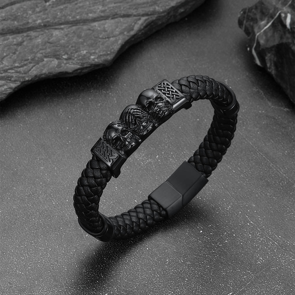 Gothic 3 Skull Braided Leather Bracelet Gift for Father Son Grandson