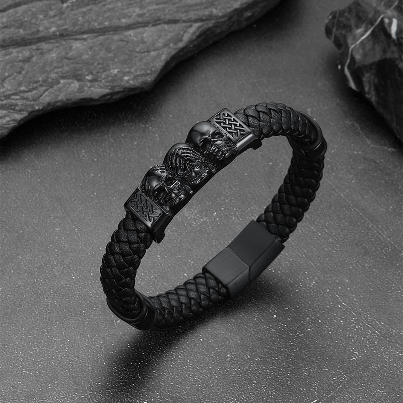Gothic 3 Skull Braided Leather Bracelet Gift for Father Son Grandson