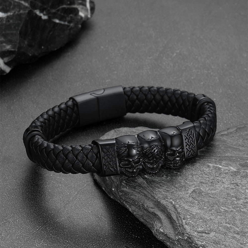 Gothic 3 Skull Braided Leather Bracelet Gift for Father Son Grandson