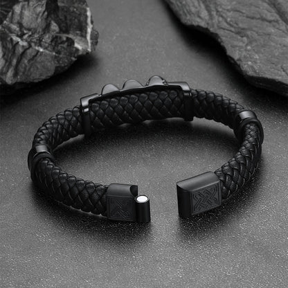 Gothic 3 Skull Braided Leather Bracelet Gift for Father Son Grandson