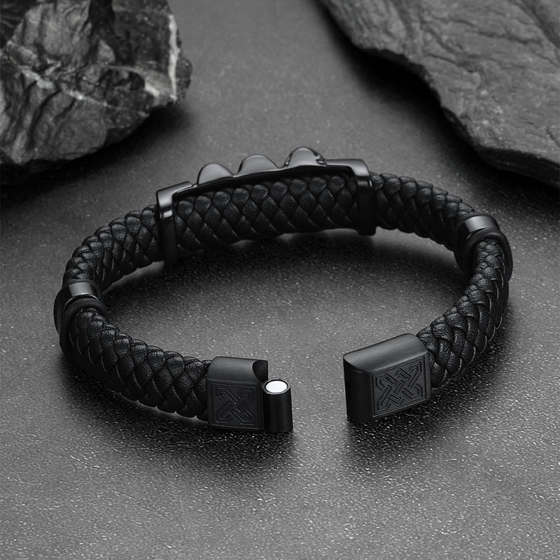 Gothic 3 Skull Braided Leather Bracelet Gift for Father Son Grandson