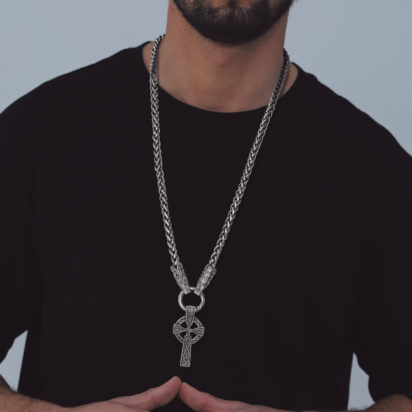 Celtic Knot Cross Necklace With Wolf Rope Chain for
