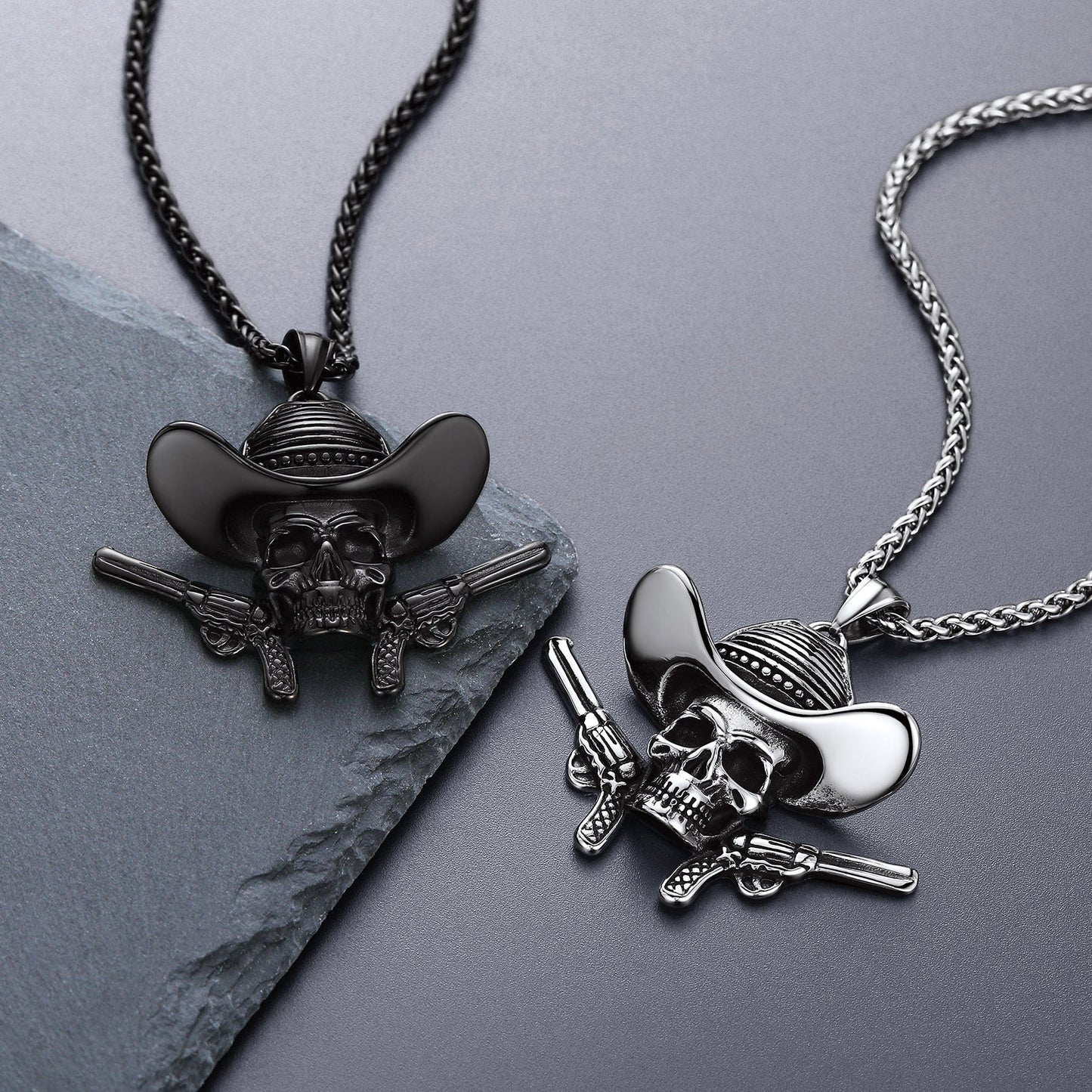 Gothic Cowboy Skull Pendant Necklace for