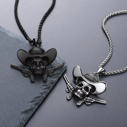 Gothic Cowboy Skull Pendant Necklace for