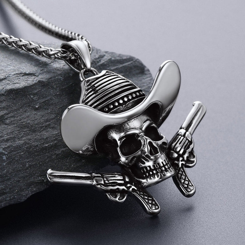 Gothic Cowboy Skull Pendant Necklace for