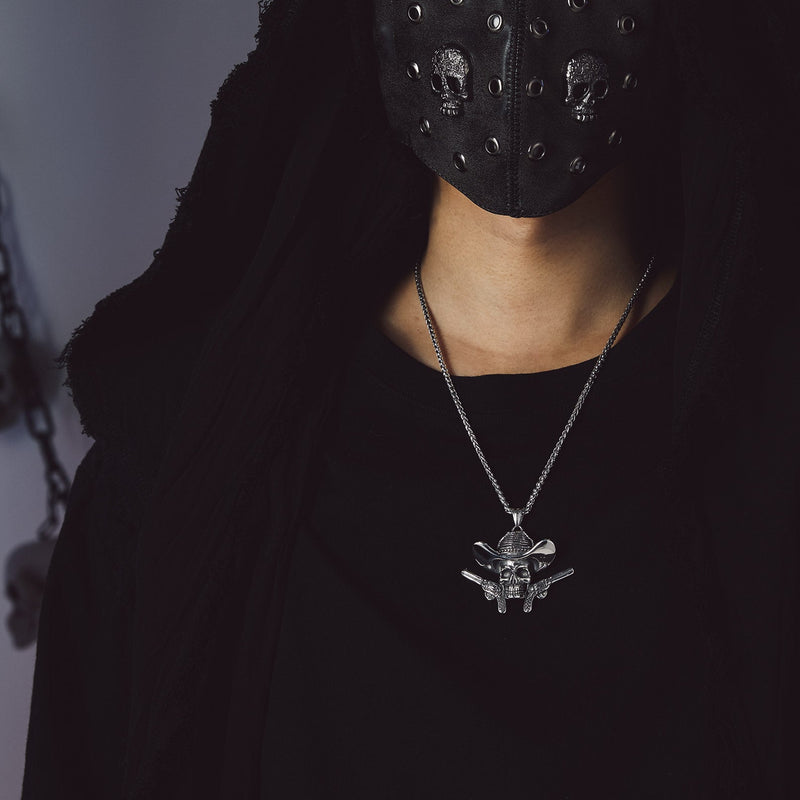 Gothic Cowboy Skull Pendant Necklace for