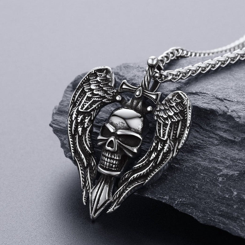 Gothic Sword Wings Skull Pendant Necklace for