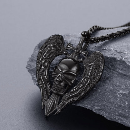 Gothic Sword Wings Skull Pendant Necklace for