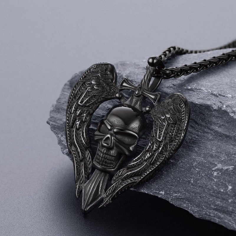 Gothic Sword Wings Skull Pendant Necklace for