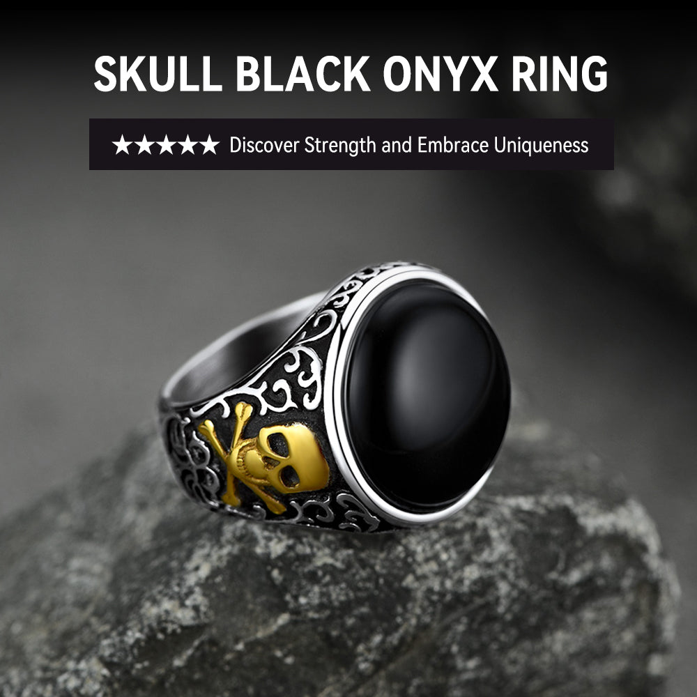 Gothic Black Onyx Signet Ring With Skull for