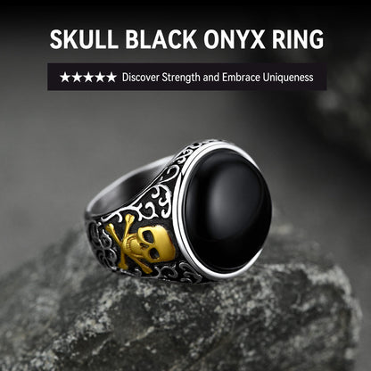 Gothic Black Onyx Signet Ring With Skull for