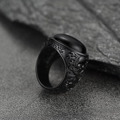 Gothic Black Onyx Signet Ring With Skull for