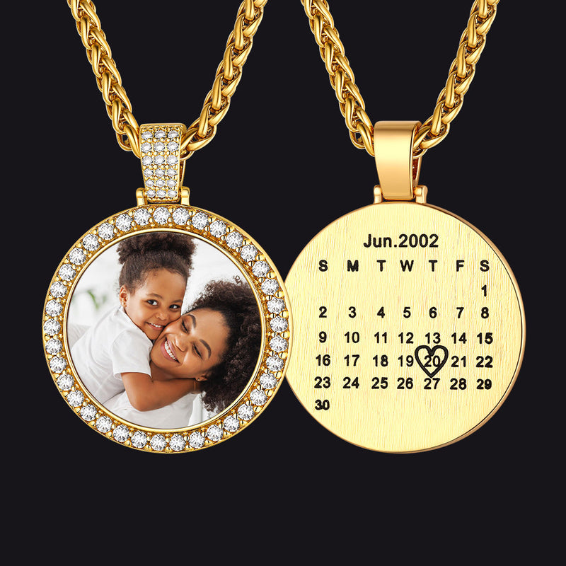 Customized Cz Picture Circle Chain Necklace With Calendar for