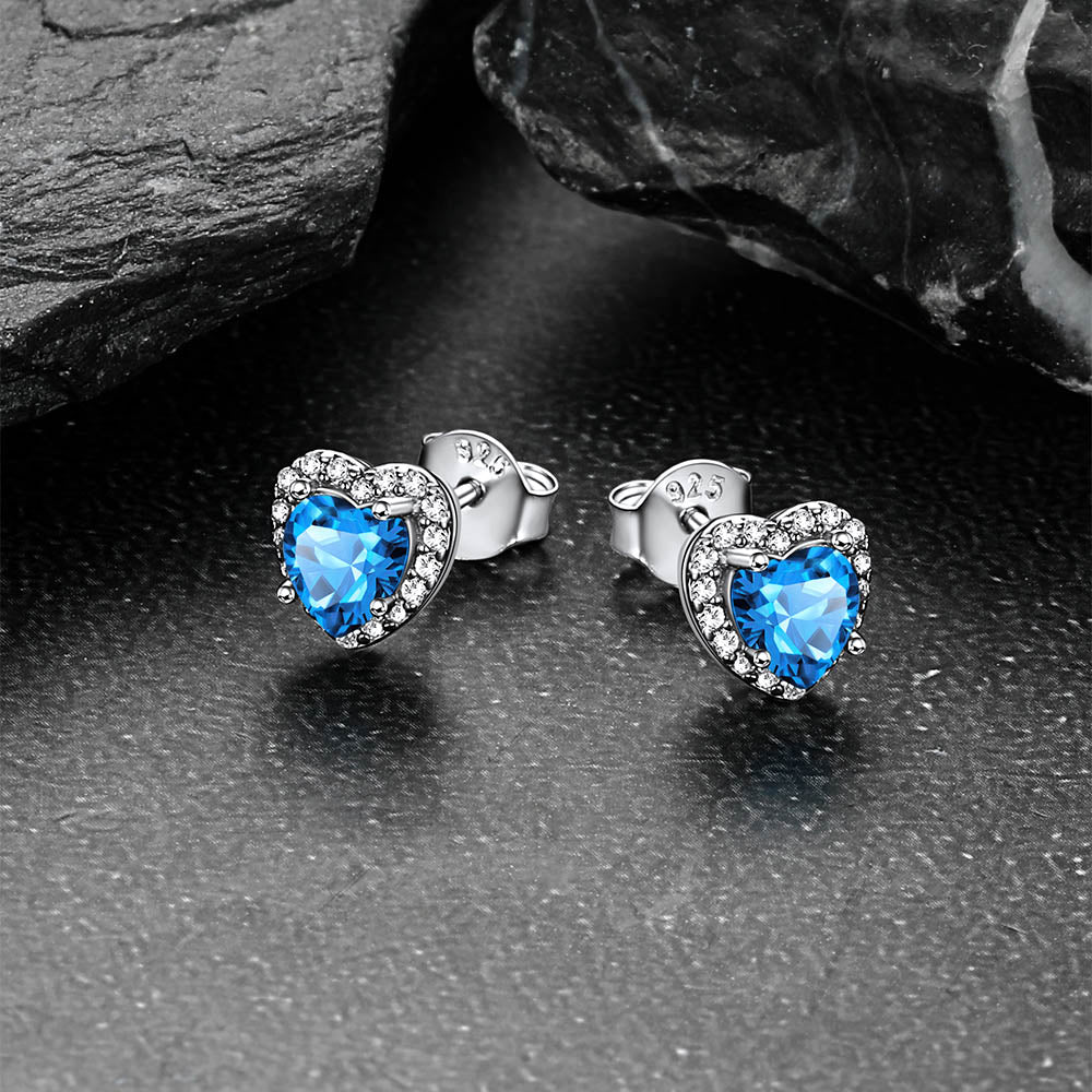 Sterling Silver Birthstone Heart Halo Stud Earrings for