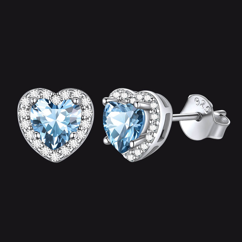 Sterling Silver Birthstone Heart Halo Stud Earrings for