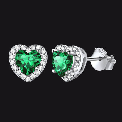 Sterling Silver Birthstone Heart Halo Stud Earrings for