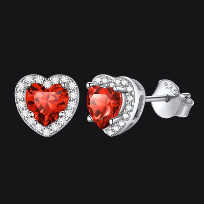 Sterling Silver Birthstone Heart Halo Stud Earrings for