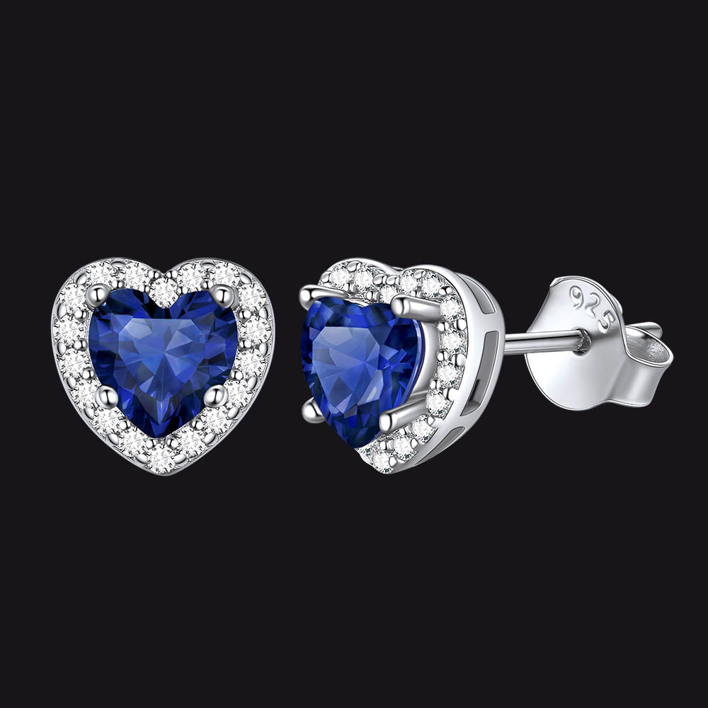 Sterling Silver Birthstone Heart Halo Stud Earrings for