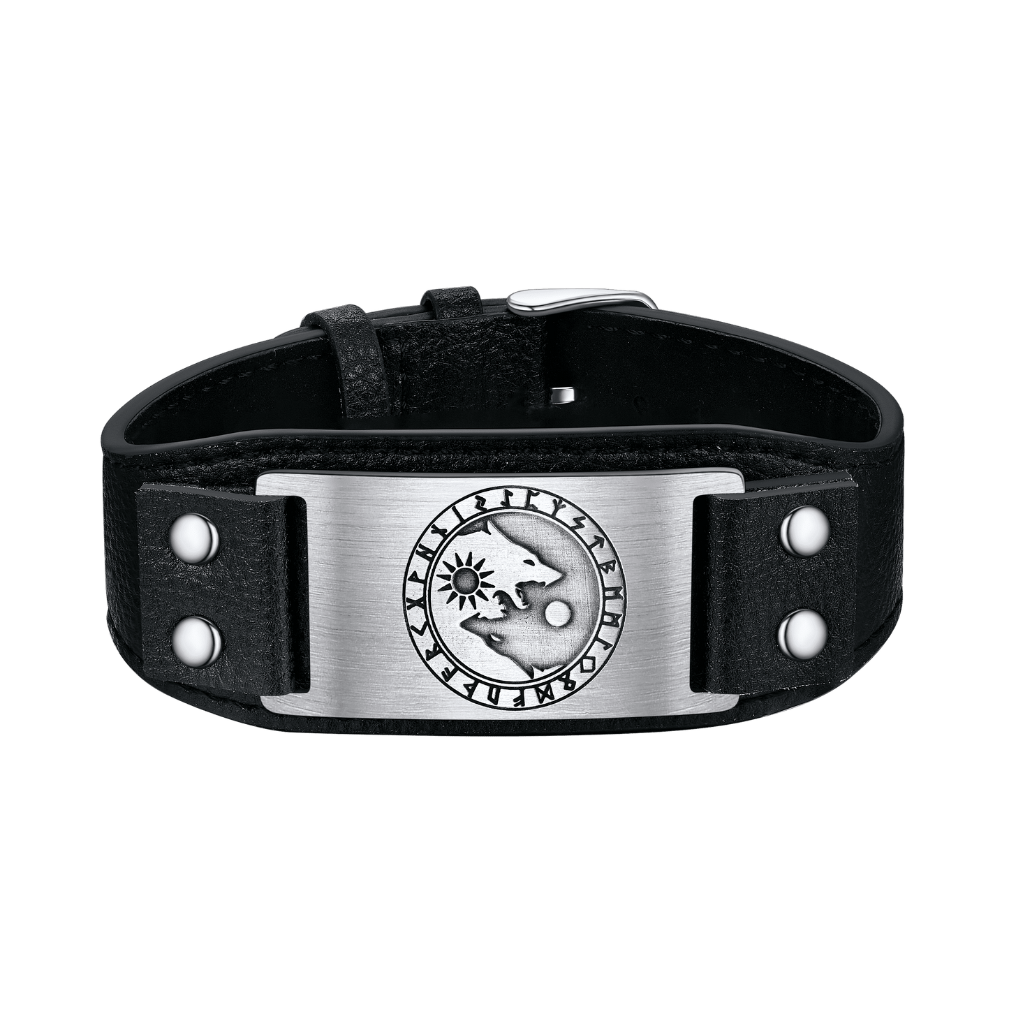 Viking Nordic Wolf Black Leather Bracelet Wristband for
