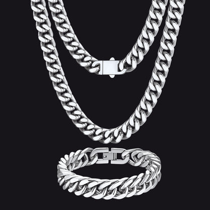 12mm Chunky Cuban Chain & Cuban Bracelet Jewelry Set for