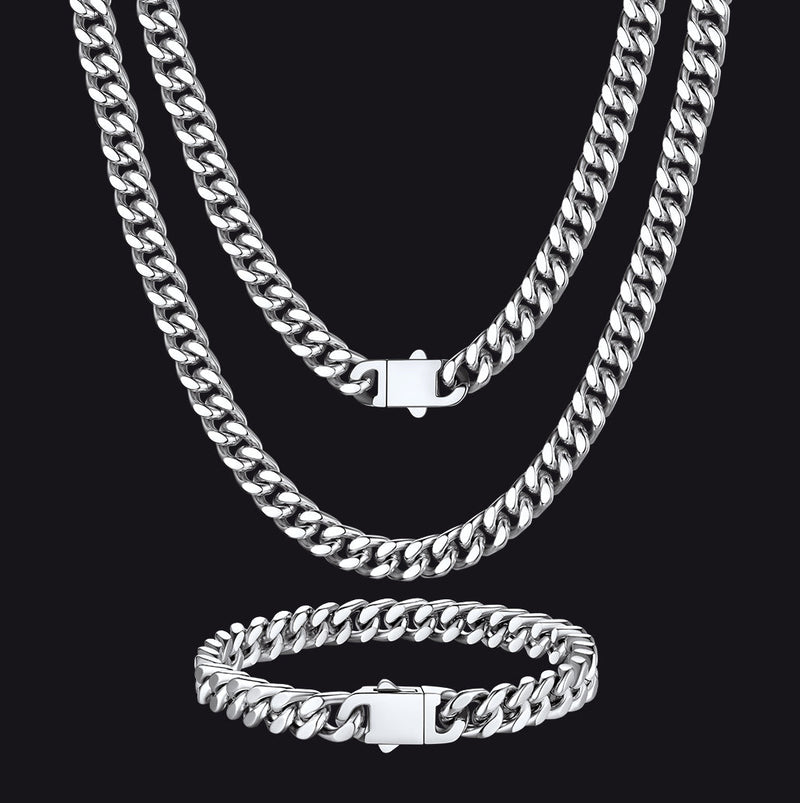 7mm Miami Cuban Link Chain & Bracelet Jewelry Set for