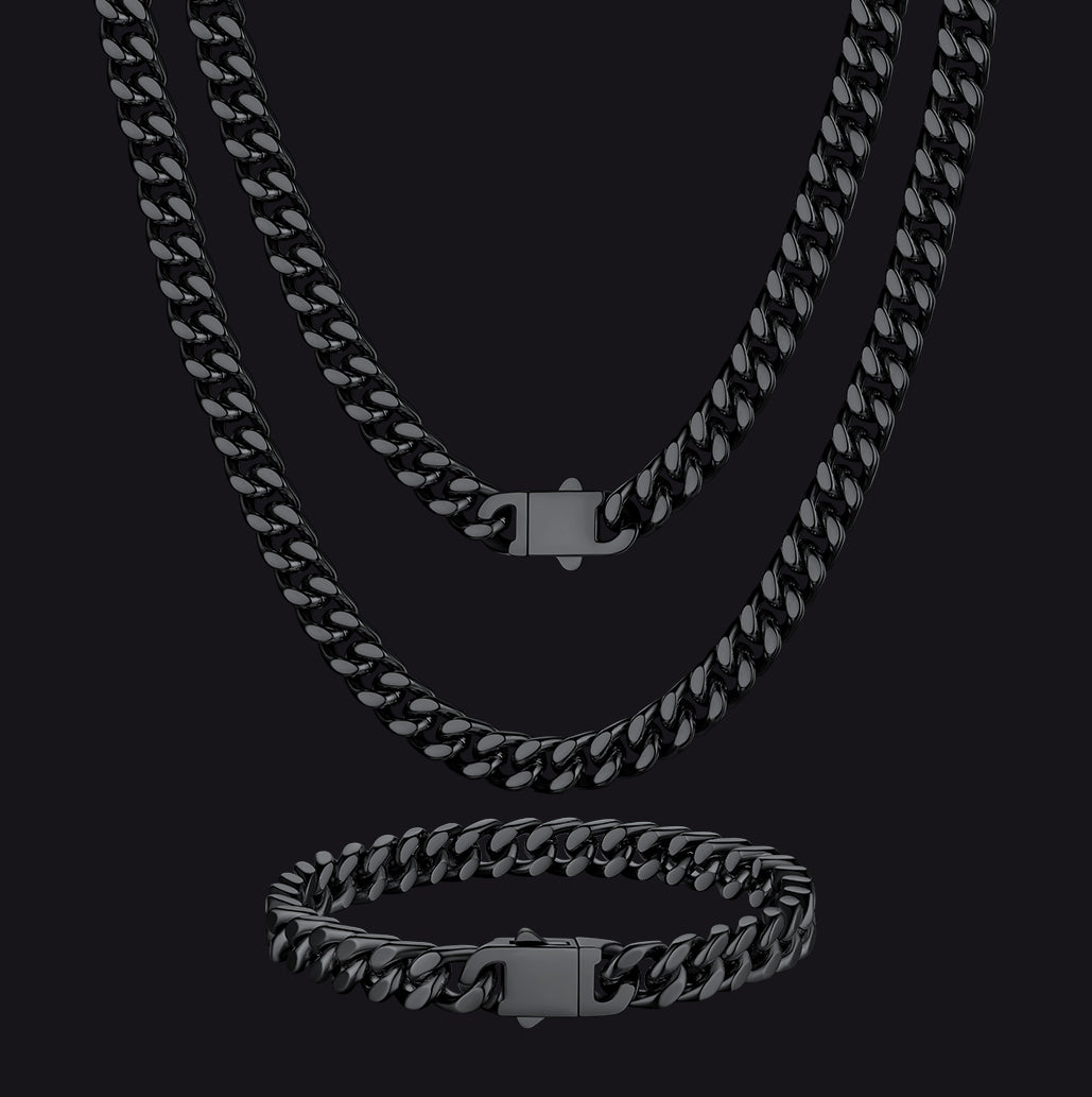 7mm Miami Cuban Link Chain & Bracelet Jewelry Set for