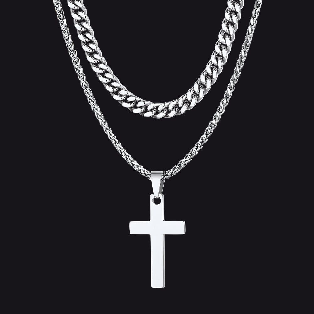 Miami Cuban Chain & Cross Layered Necklaces Set for