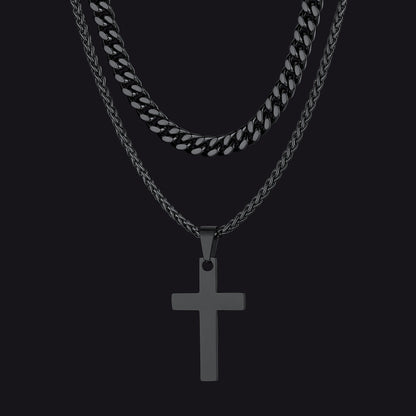 Miami Cuban Chain & Cross Layered Necklaces Set for