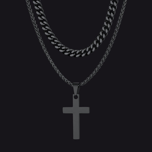 Miami Cuban Chain & Cross Layered Necklaces Set for