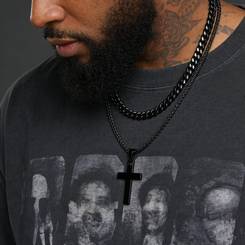 Miami Cuban Chain & Cross Layered Necklaces Set for