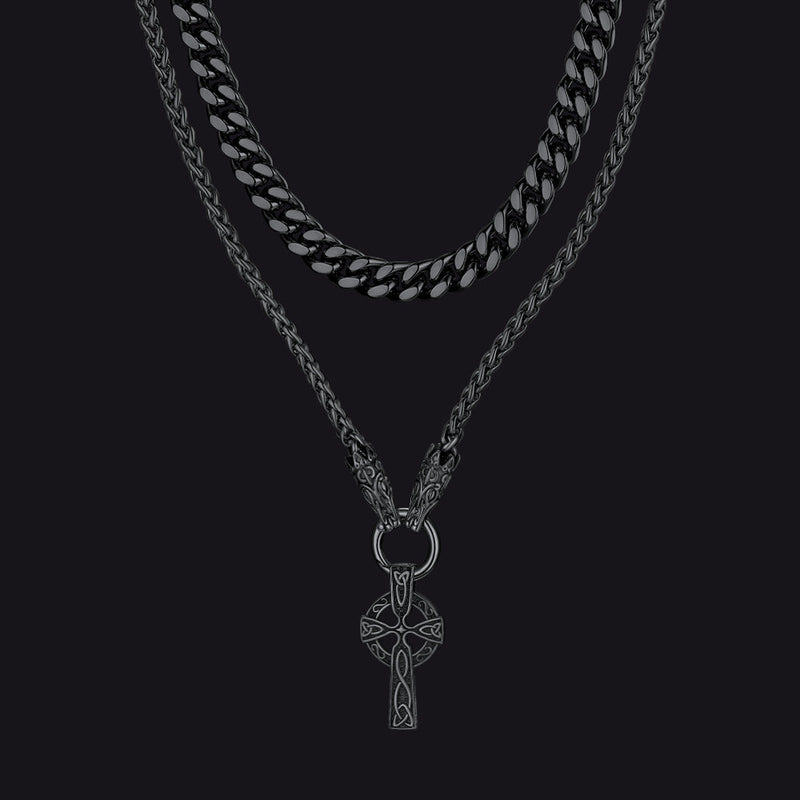 Miami Cuban Chain & Celtic Knot Cross Necklace Set for