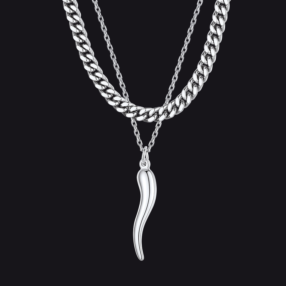 Miami Cuban Chain & Cornicello Italian Horn Pendant Set for