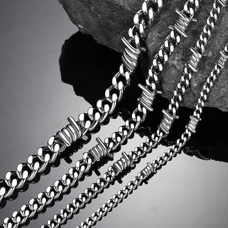Barbed Wire Cuban Link Chain Choker Necklace for