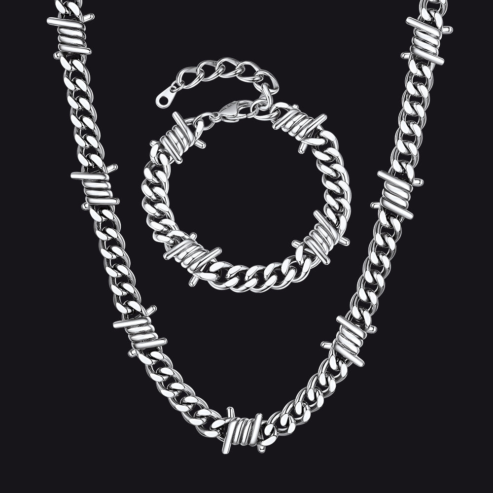 9mm Barbed Wire Cuban Chain & Bracelet Set for