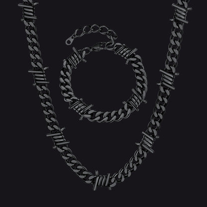 9mm Barbed Wire Cuban Chain & Bracelet Set for