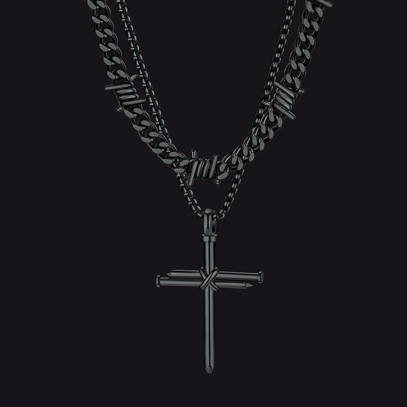 Barbed Wire Cuban Chain & Nail Cross Layered Necklaces Set for