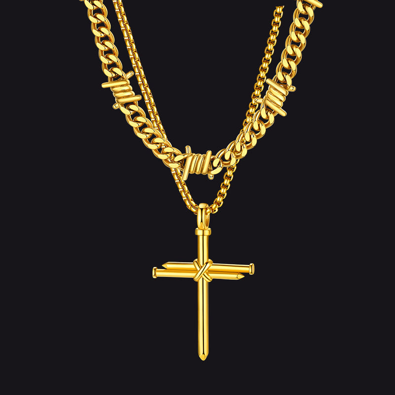 Barbed Wire Cuban Chain & Nail Cross Layered Necklaces Set for